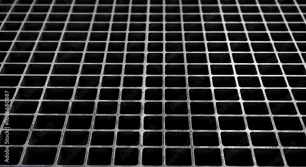 Poster intricate metal grid, a captivating pattern of dark squares forming a dense, repeating texture. the 