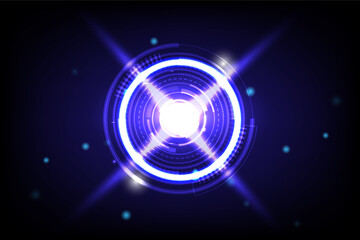 Bright futuristic digital interface with glowing blue rings, abstract light effects and virtual technology design on dark background