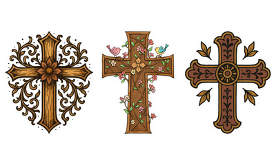 Decorative cross collection with ornate patterns, flowers, leaves, and birds, detailed vintage motifs for religious crafts and an Inspirational Vector Designs Set Illustration