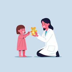 Female Doctor Giving a Teddy Bear Toy to a Little Girl Patient.