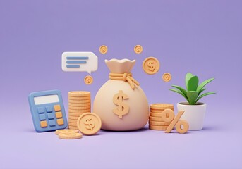 3d render illustration of a money bag with dollar sign surrounded by a stack of coins, a calculator, a small potted plant and a percentage symbol with a financial themed aesthetic.