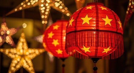 Festive red chinese lanterns adorned with stars illuminate the night, symbolizing celebration and cultural tradition