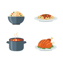 Home Cooked Dishes Vector Set: Bowl of Rice, Plate of Spaghetti, Pot of Soup, and Roast Chicken - Wholesome Meal Graphics for Food and Restaurant Design