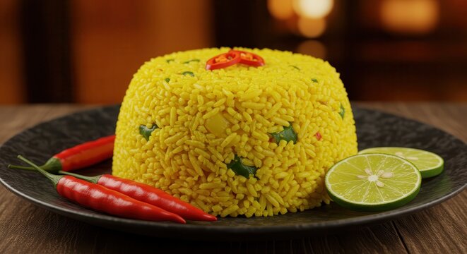 A vibrant yellow rice dish with chili peppers and lime slices on a black plate, ready to be served