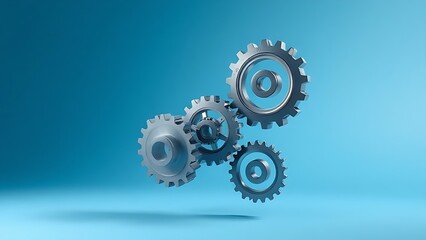 An abstract composition of polished metal gears floating on a blue gradient.