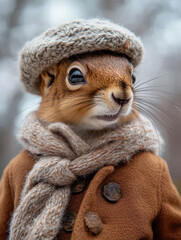 A cute squirrel walks through the park in warm clothes in autumn