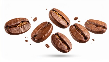 Obraz premium Roasted Coffee Beans Falling and Flying in Mid-Air Against a Clean White Background