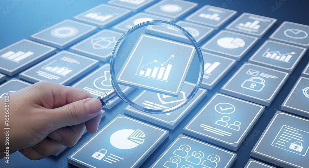 Poster magnifying glass examining digital icons and data graph on futuristic illuminated grid technology co