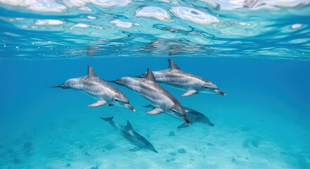 Fototapeta premium A pod of dolphins swimming gracefully in clear blue ocean water with sunlight filtering through surface