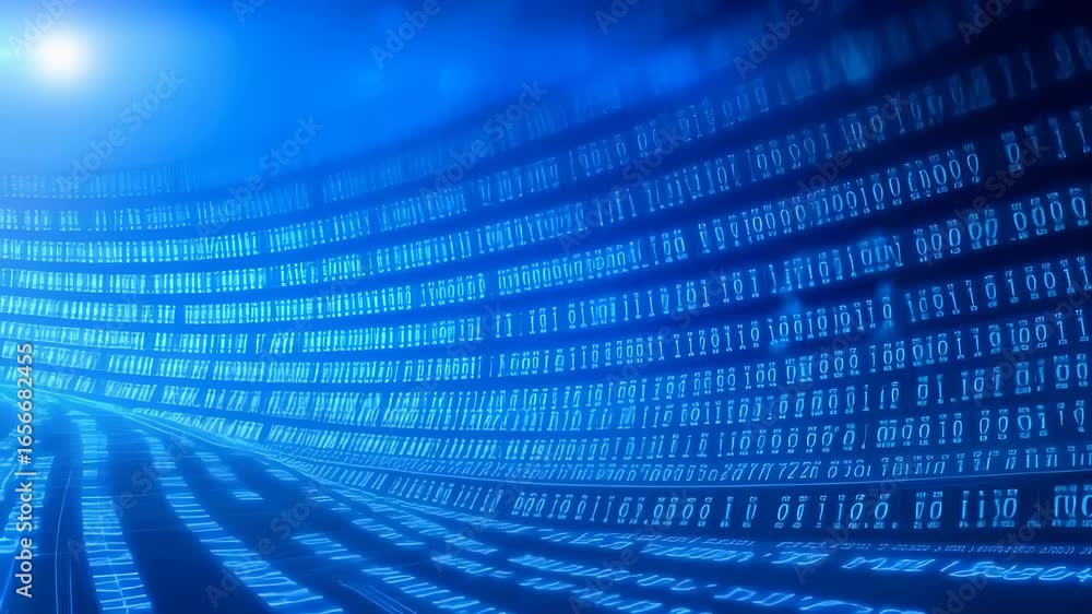 Poster blue-toned abstract technological background with curved binary code streams representing data trans