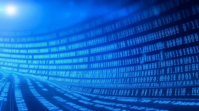 Blue-toned abstract technological background with curved binary code streams representing data transmission, information flow, and digital communication