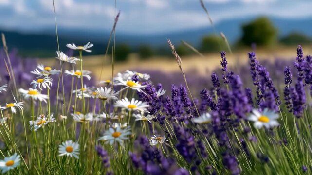 Lavender and daisies mingle in a sunlit meadow, with distant trees and blurred mountains