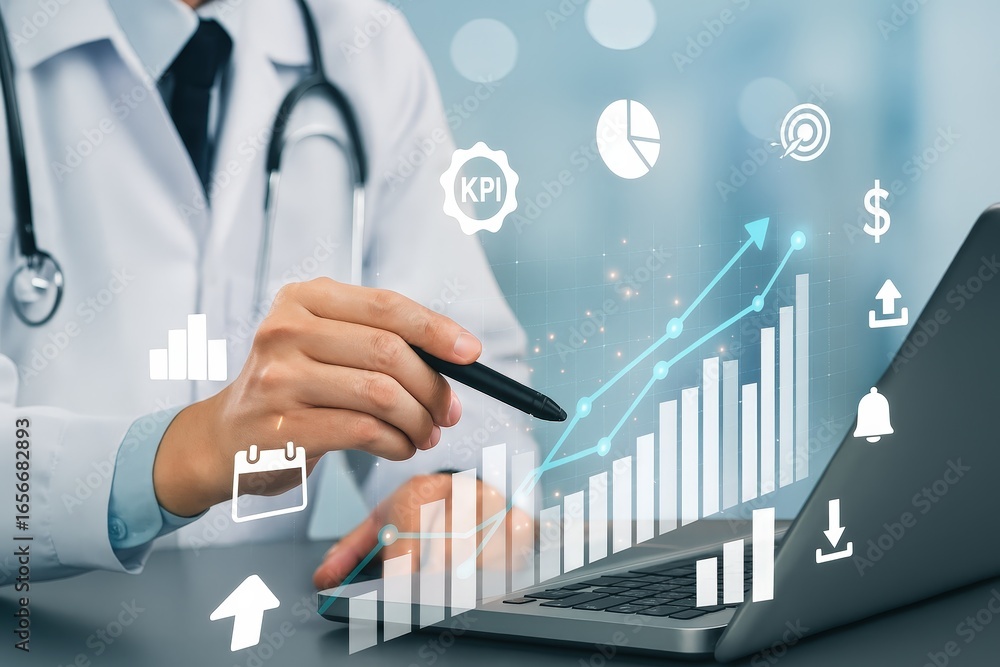 Aufkleber a medical professional interacts with a laptop displaying projected data graphs and key performance 