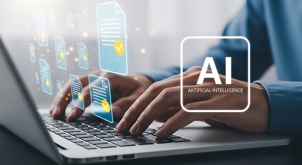 Person typing on a laptop with ai interface and digital data visualizations overlaying the screen representing technology advancement