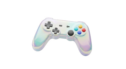 A sleek, modern iridescent video game controller with a pearlescent finish, perfect for immersive digital entertainment and interactive gaming experiences, isolated on white.