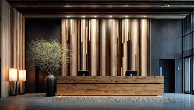 Modern Wooden Reception Desk In A Contemporary Office Building