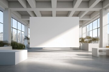 Large horizontal blank white mockup banner hanging in bright contemporary art gallery, advertising copy space