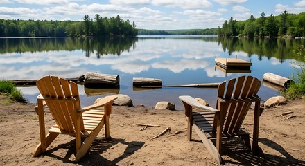 Two adirondack chairs facing a serene lake in a forest
