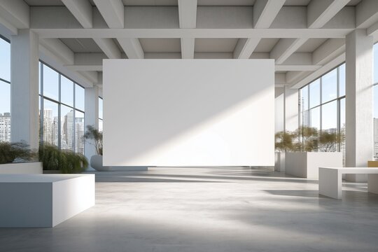 Large horizontal blank white mockup banner hanging in bright contemporary art gallery, advertising copy space