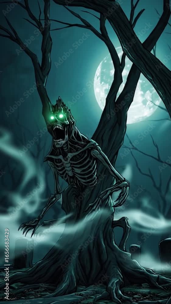 Poster a skeleton is standing in front of a tree in a graveyard