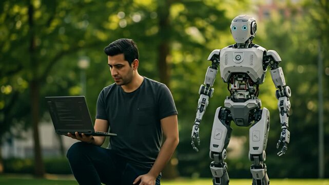 Man programs a robot in a park, squatting with a laptop, with nature in the background
