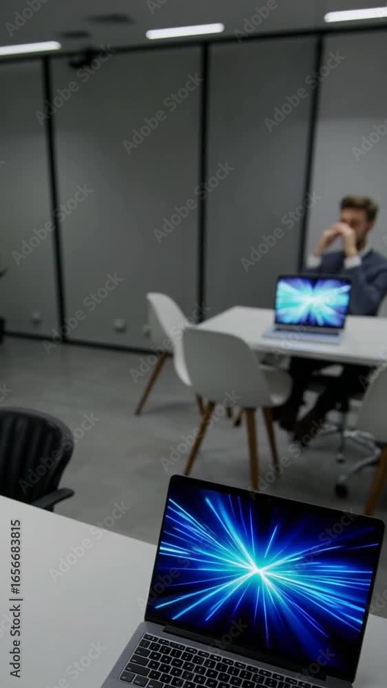 Poster a laptop is open on a table in a room with a white background