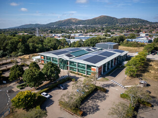 Modern industrial estate with warehouses, logistics distribution hub, business park offices and...