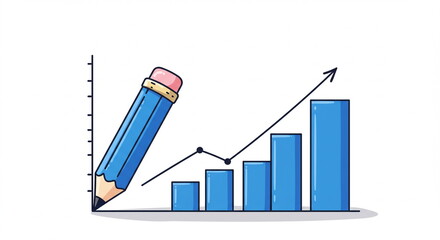 Cartoon Style Bar Graph with Pencil, Business Growth Concept