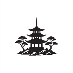 A black and white silhouette illustration of a traditional Japanese pagoda