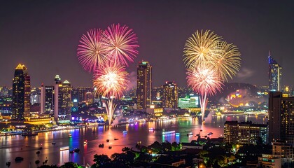 Bangkok Celebrates with Fireworks Over the Chao Phraya River, A Dazzling Display of Fireworks Lights Up the Bangkok Skyline