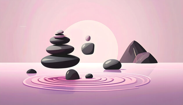 Serene arrangement of balanced dark stones floating on rippling pink water with a soft sun and abstract shapes in the background, evoking tranquility and mindfulness.