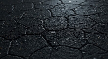 Close up of cracked asphalt road surface, showcasing the rough texture and abstract pattern of the dark material in detail