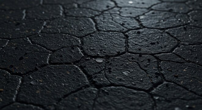 Close up of cracked asphalt road surface, showcasing the rough texture and abstract pattern of the dark material in detail
