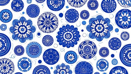 Intricate Blue Floral Mandala Patterns on a White Background