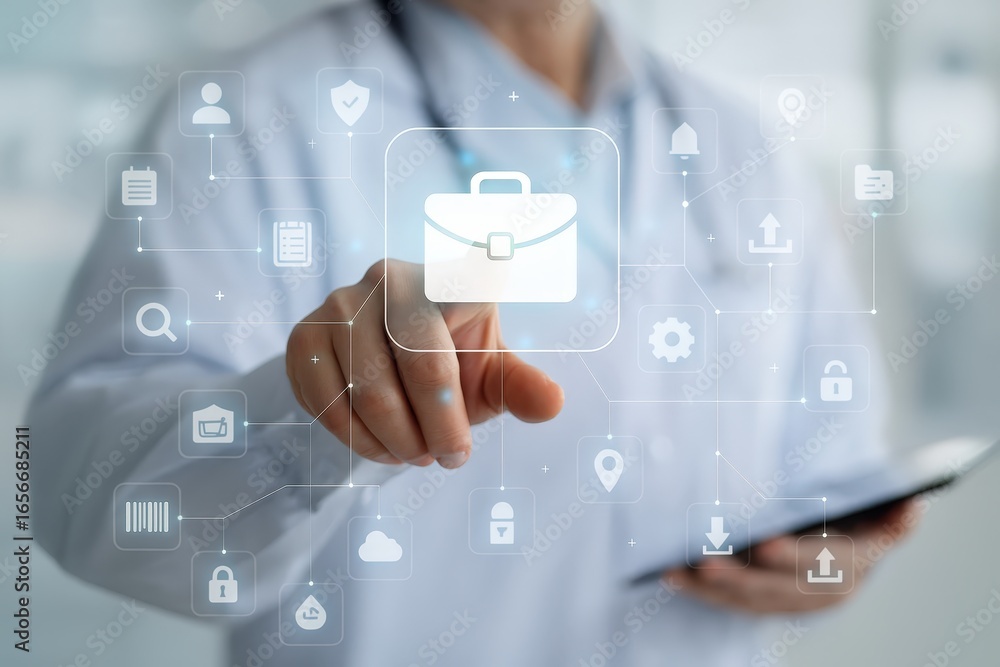 Poster a person interacts with a digital interface displaying a portfolio icon and interconnected data symb