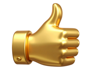 Golden Metallic 3D Thumbs Up Icon with Glossy Reflections, Floating Front View, Transparent PNG