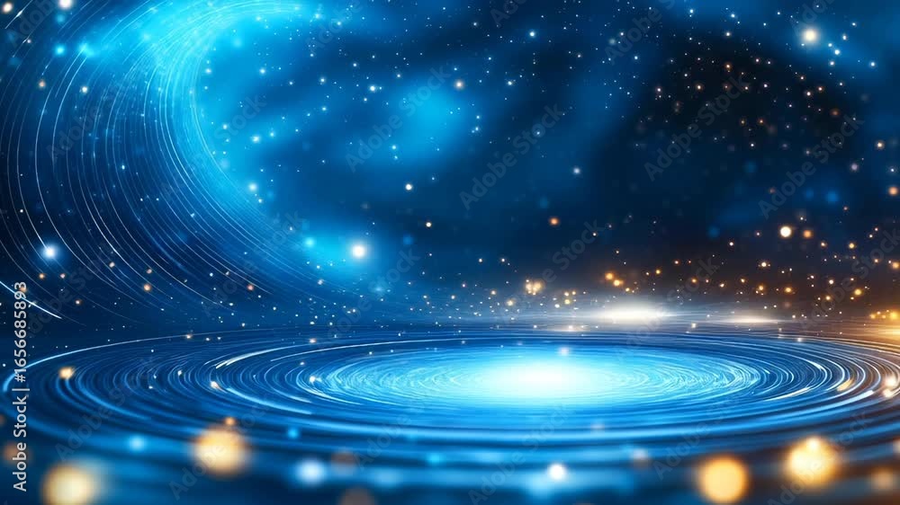 Poster abstract cosmic background with blue circular energy vortex, glowing star particles, dynamic light w