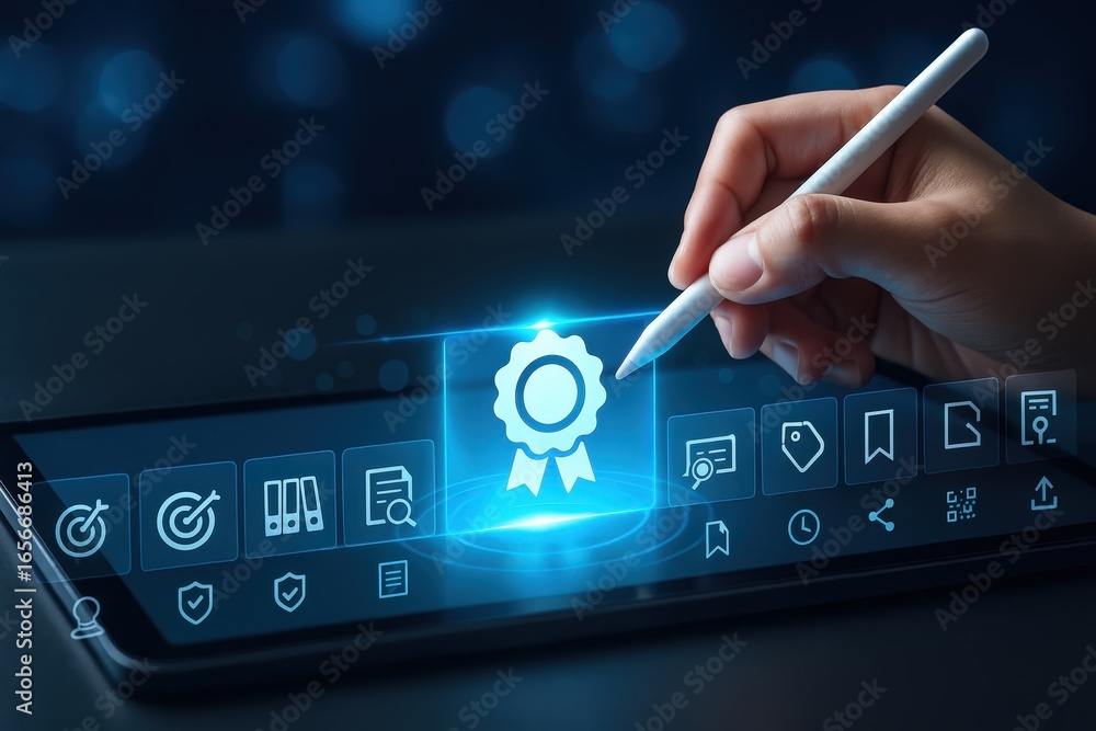 Poster a hand uses a stylus to interact with a digital tablet displaying a glowing quality assurance icon, 
