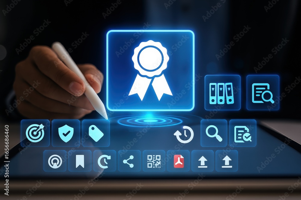 Poster a hand interacts with a futuristic interface, highlighting a quality assurance icon, surrounded by v