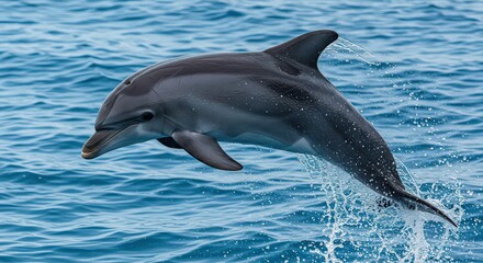 Naklejka premium A dolphin leaps from the ocean with water droplets visible against a blue water surface background