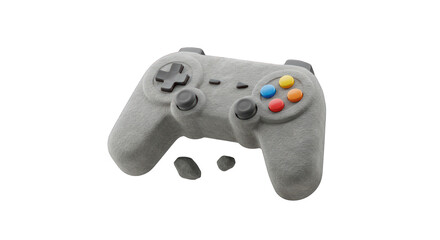 A unique textured video game controller, crafted from concrete and visibly crumbling, floats isolated against a pristine white background, symbolizing digital stress or decay.