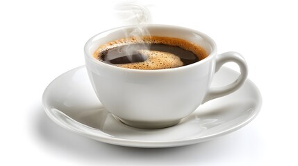A steaming cup of hot coffee on a saucer. A perfect start to the day with aroma