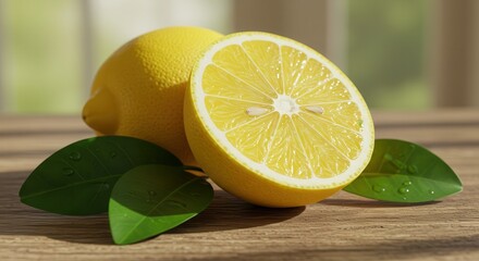 Fresh and juicy lemons on a wooden table with green leaves, a healthy and nutritious citrus fruit, perfect for cooking, baking, and refreshing drinks