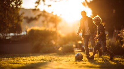 A father and son enjoy a game of soccer in a sun-drenched park, their silhouettes casting long shadows on the grass