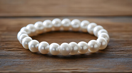 dise&ntilde;o de una pulsera de perlas finas de estilo sofisticado sobre una mesa de madera con espacio de copia dise&ntilde;o femenino 