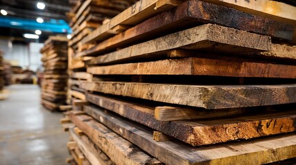 Stacked Lumber Planks Brown Wood Boards in Warehouse Storage