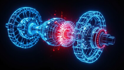 A 3D render showcases a complex engine mechanism, highlighting the intricate network of parts with vibrant blue and red neon outlines.