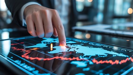 Naklejka premium Global Business Expansion Strategy Finger Touching World Map on Tablet with Stock Market Data Overlay Analyzing Trends