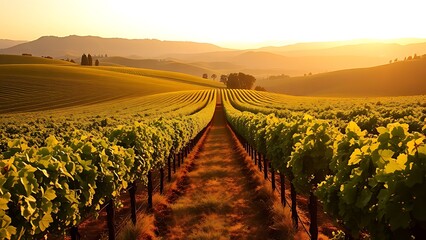 Fototapeta premium Vineyard landscape at sunset with rows of grapevines leading to distant hills under warm golden light.