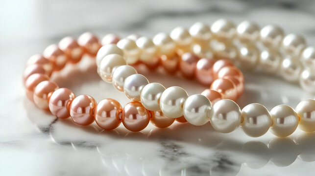 pulseras o collares de perlas finas y elegantes hermosas de moda y sofisticadas piedras preciosas femeninas sobre una mesa de marmol dise&ntilde;o romantico 